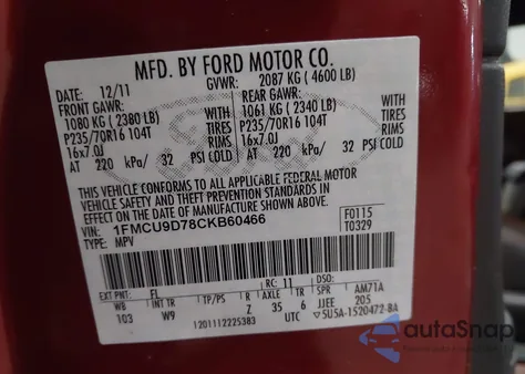 2012 Ford Escape Xlt from USA, damaged, VIN 1FMCU9D78CKB60466